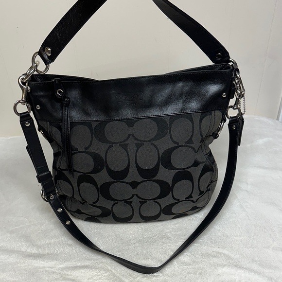 Coach Handbags - VTG 90’s Coach Signature Logo Canvas Black Leather Crossbody Bag Purse #F14709